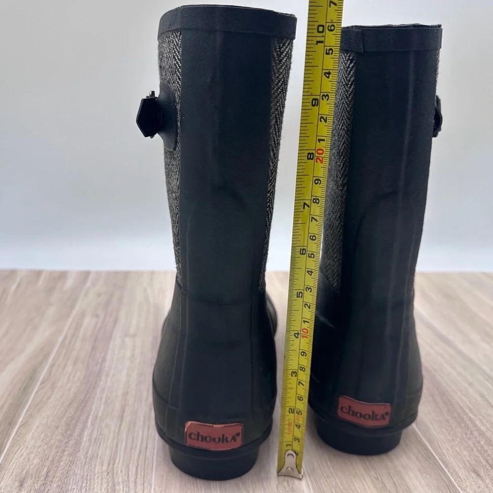 Chooka Classic Mid Calf Racer Herringbone Black Rain Boots | Size US 9 / EU 39.5